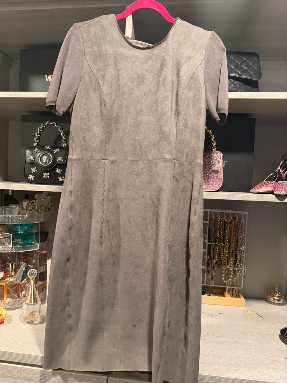 Elie Tahari Gray Short-Sleeve Suede-Look Midi Dress